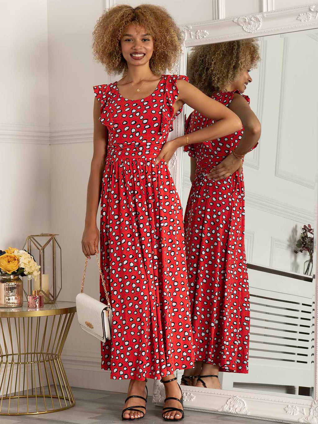 red dress betty boop Bebe Women's Boop! Polka Dot Bombshell Midaxi Mesh Dress, Size Medium in Polka Dot Spandex Mini Length Long Sleeve Zanab | One Shoulder HOCO Color:Multi Floral