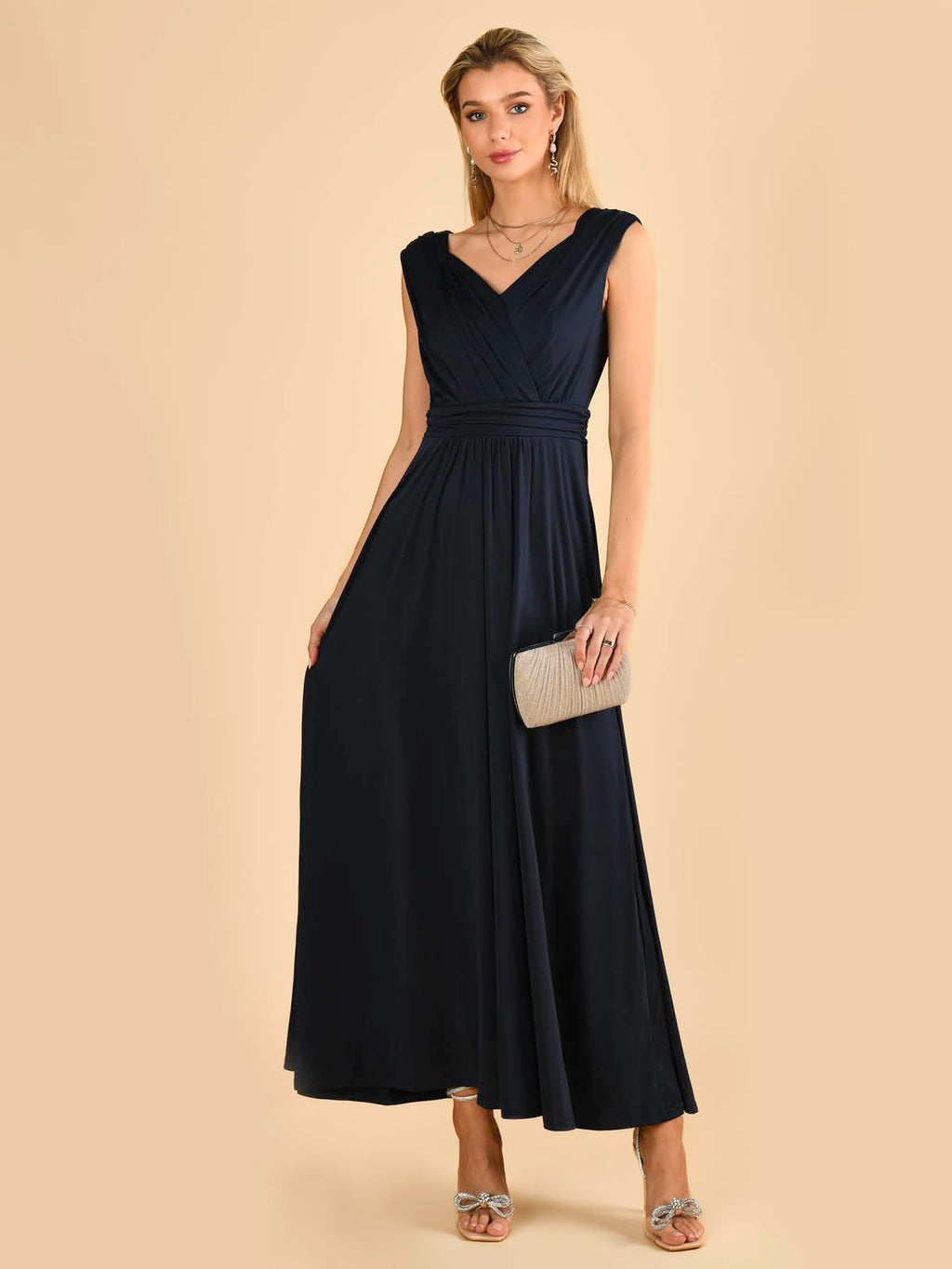 Plunge V Neck Draped Maxi Dress, Navy – Jolie Moi Retail