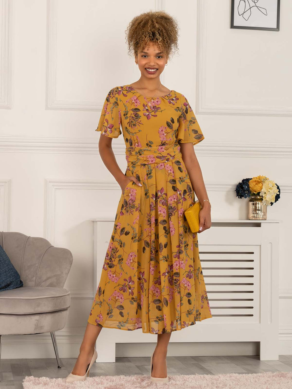 yellow and brown floral dress Addison Brown Floral Button Through Midi Dress Finery London