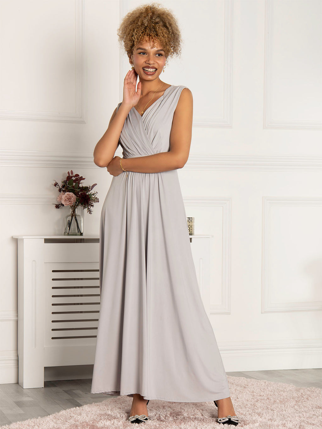 Plunge V Neck Draped Maxi Dress, Silver Grey – Jolie Moi Retail