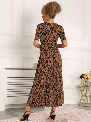 Jolie Moi Akayla Printed Jersey Maxi Dress, Brown Animal, Short Sleeves, Wrap-over Front, V-neckline, Ruched Elasticated Waistband, 2 Side Pockets, Back Side