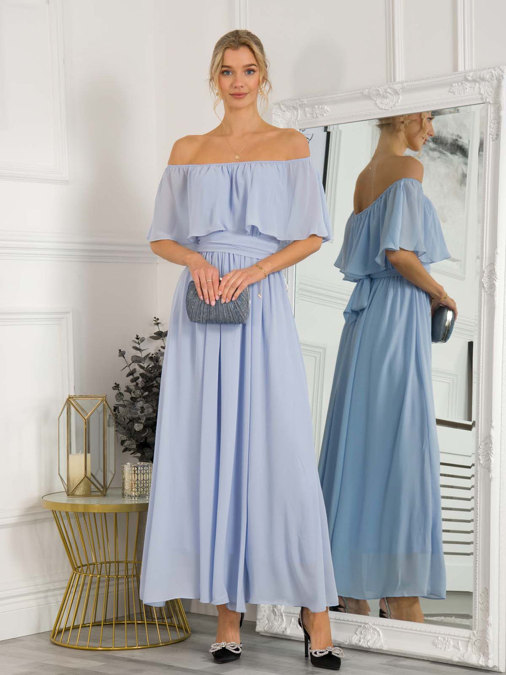 Off Shoulder Maxi Chiffon Dress, Light Blue – Jolie Moi Retail
