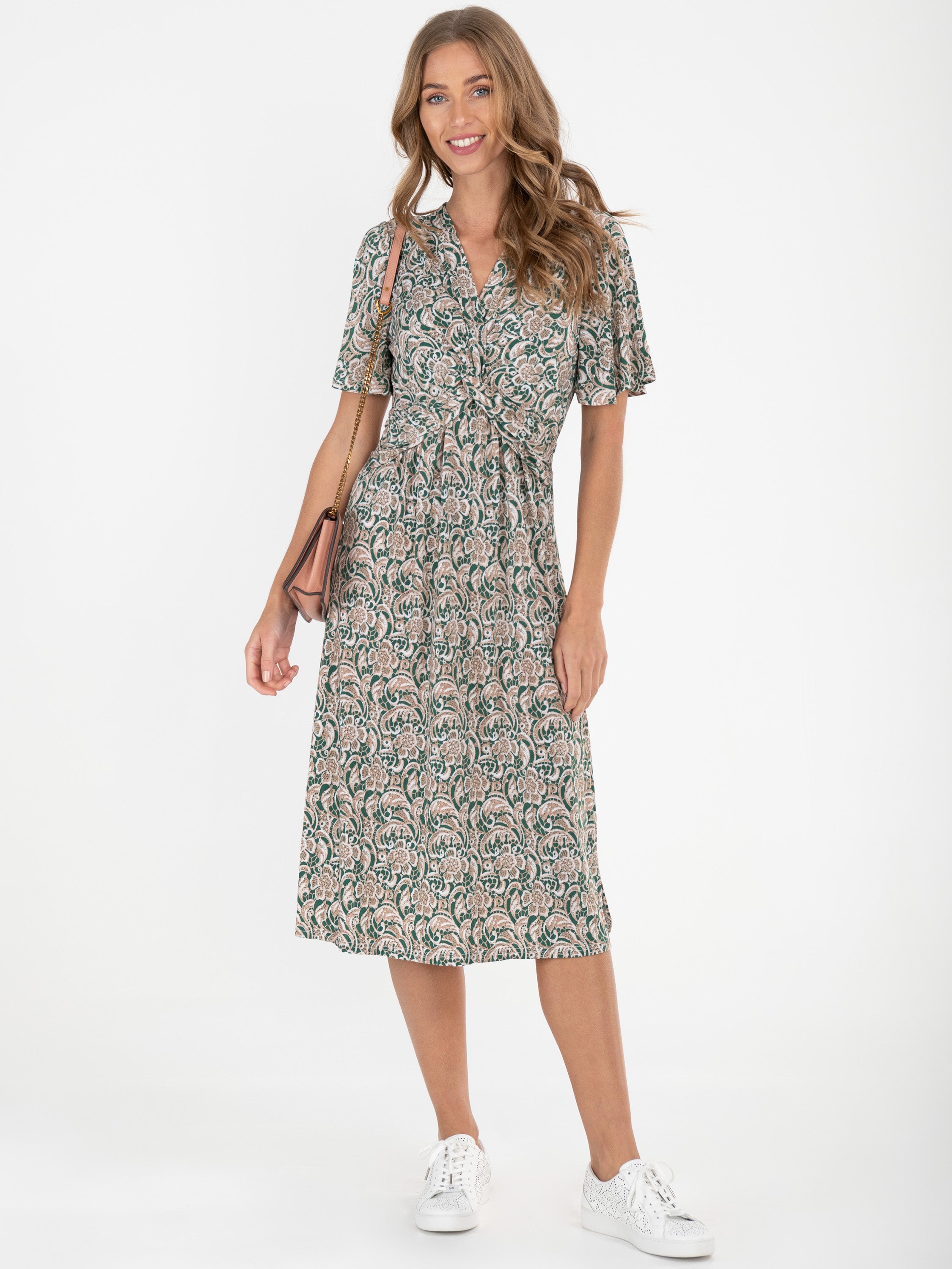 Twist Front Midi Jersey Dress, Green Pattern