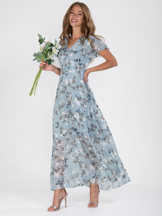 Flare Sleeve Chiffon Maxi Dress, Grey Floral