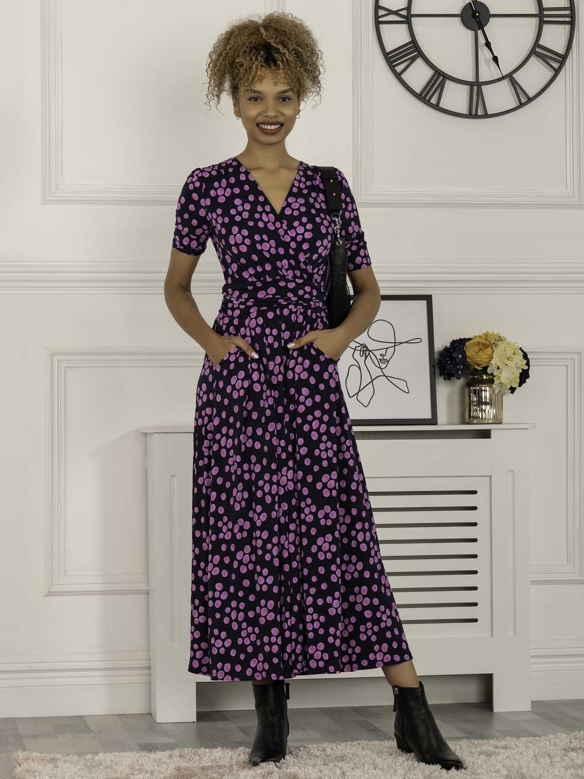 Navy spot wrap store dress