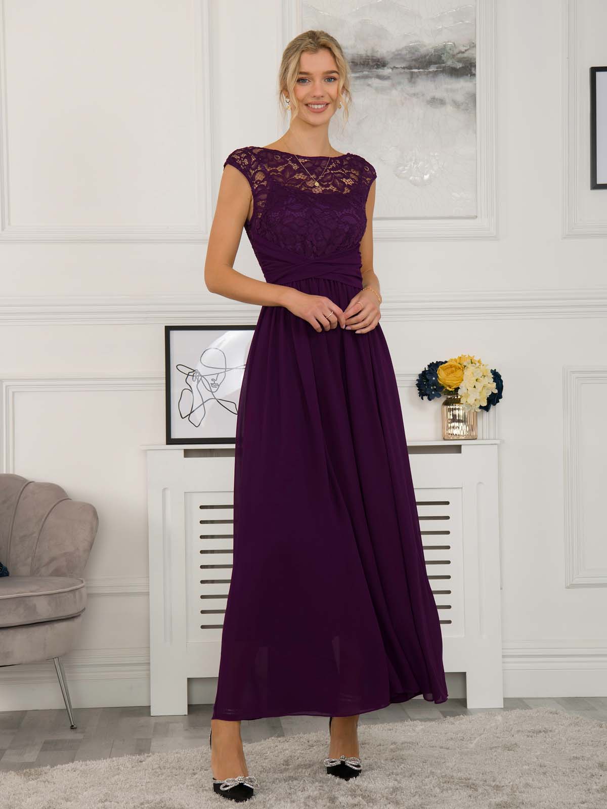 Lace Bodice Chiffon Maxi Bridesmaid Dress Dark Purple Jolie Moi