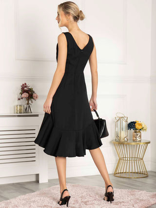 Palmer Dip Hem Shift Dress, Black, Sleevless, V-neckline, 2 Side Pockets, Midi Dress, Fit and Flare Hem, Back Image