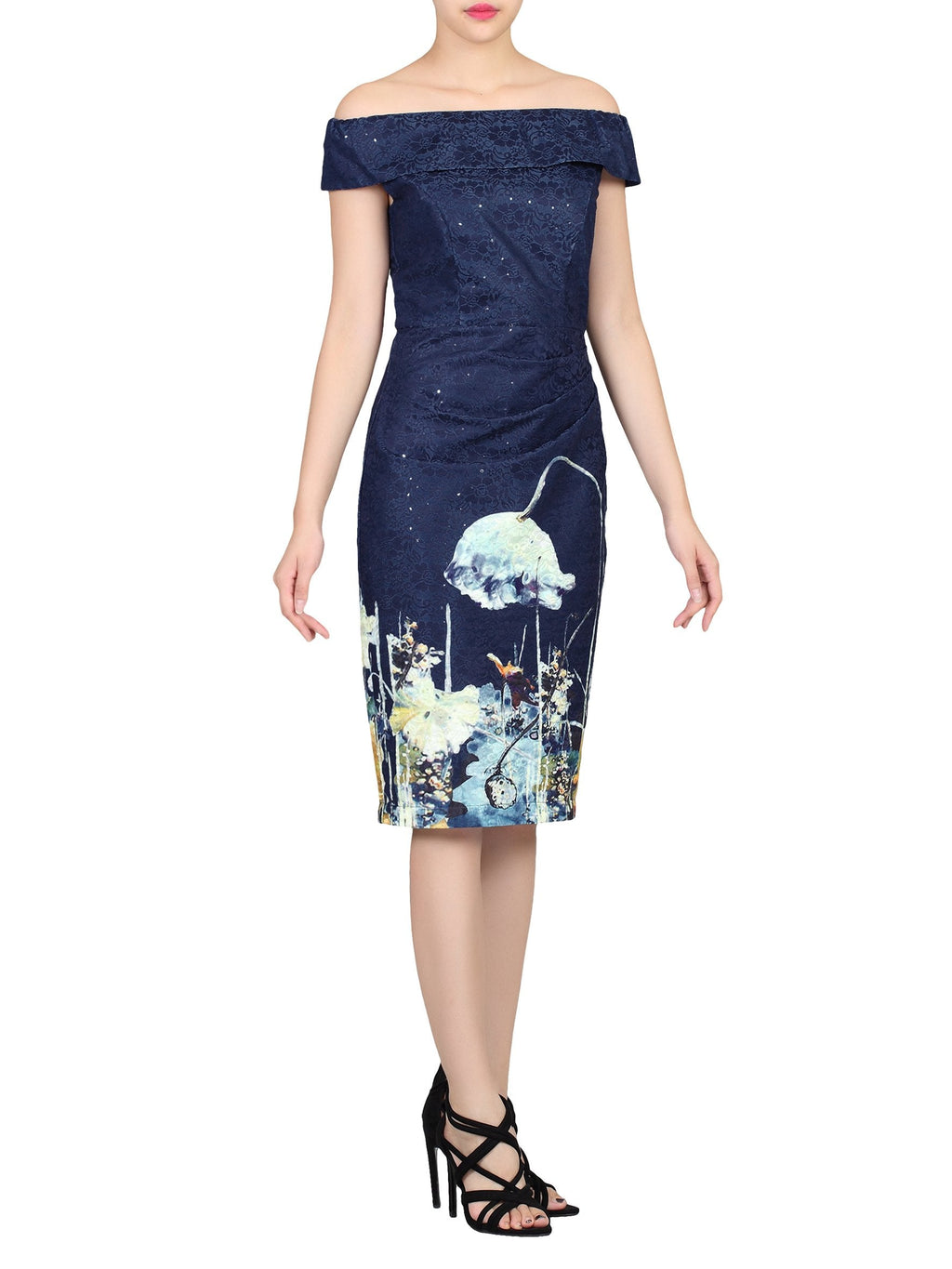Lace Bonded Bardot Neck Dress, Navy Floral – Jolie Moi Retail