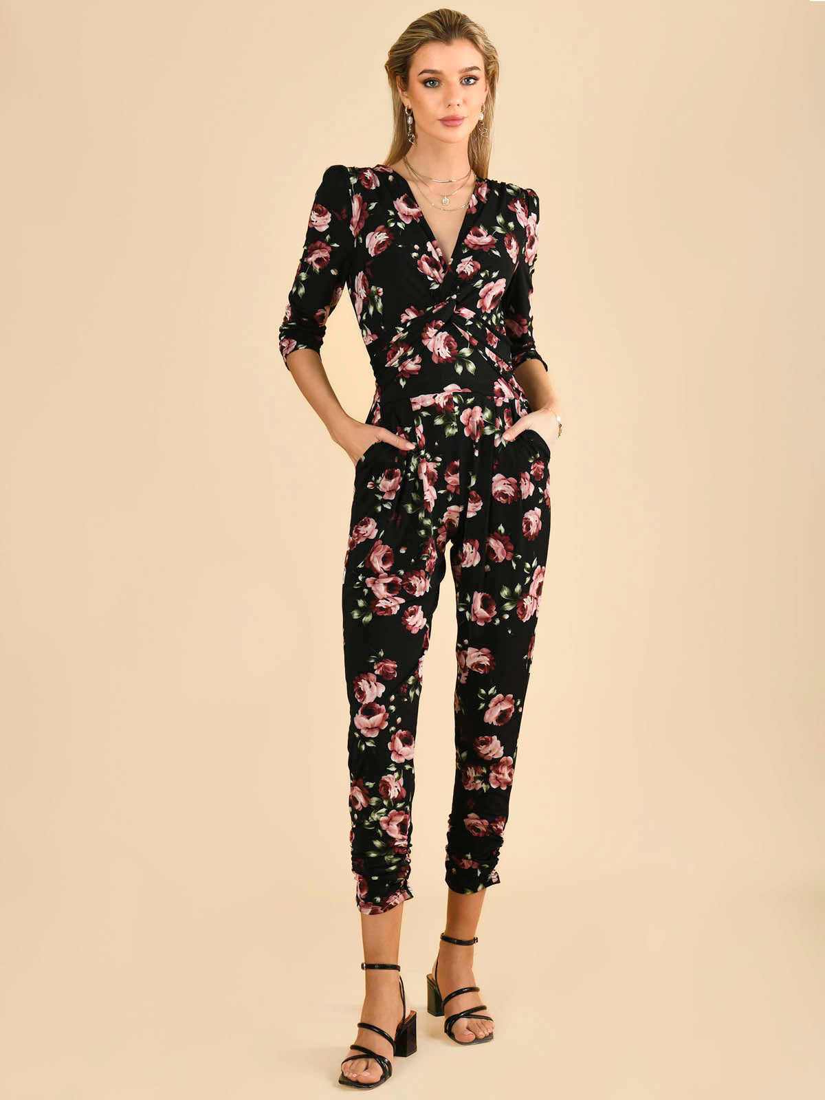 Jolie Moi Cheryl Floral Print Jersey Jumpsuit, Black Floral – Jolie