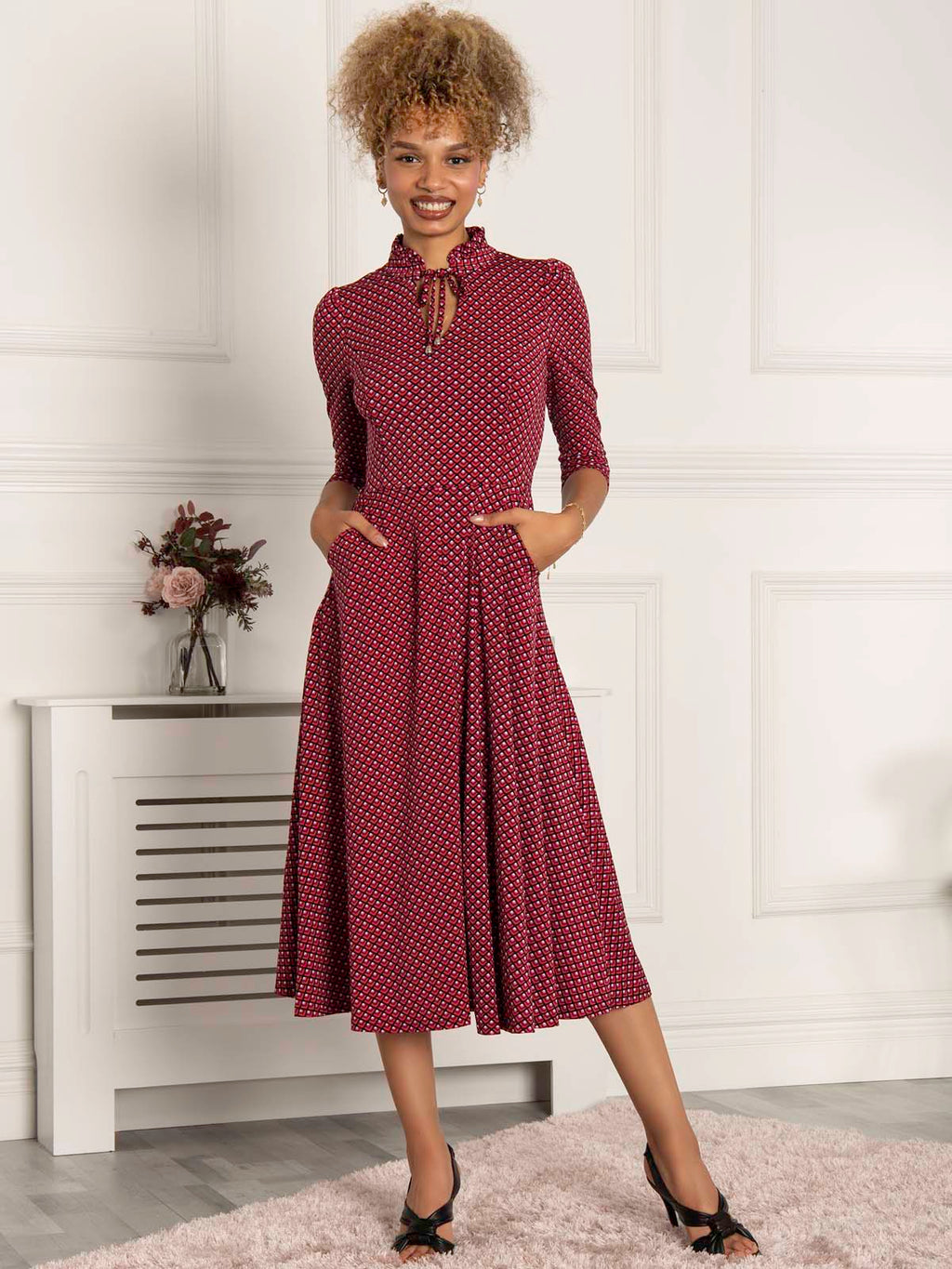 Abito Midi Jolie Moi Jennifer Collo A Cravatta - Stampa Geometrica, Rosso/multicolor, Taglia 12, Maniche Lunghe