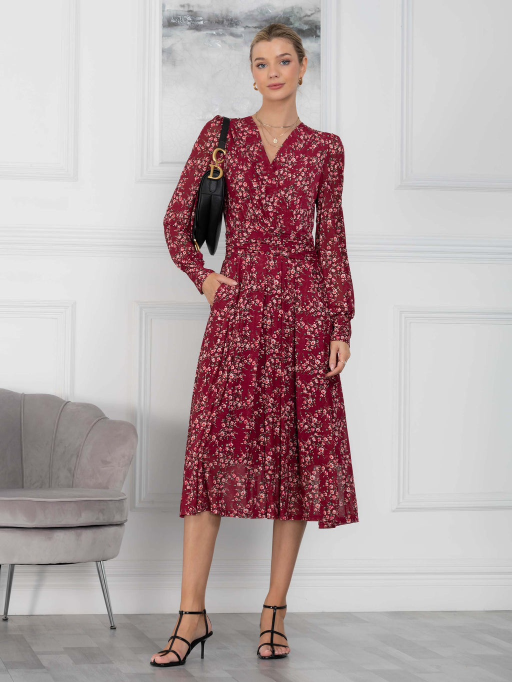 princess polly baby blue dress Raylena Long Sleeve V-Neck Mini Dress | Burgundy Floral | Womens