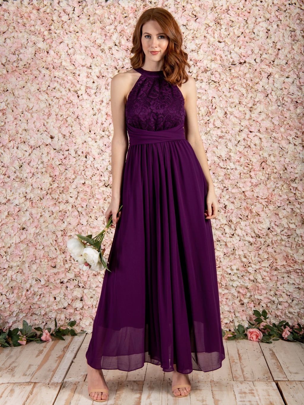 Halter Neck Lace Maxi Bridesmaid Dress, Dark Purple – Jolie Moi Retail