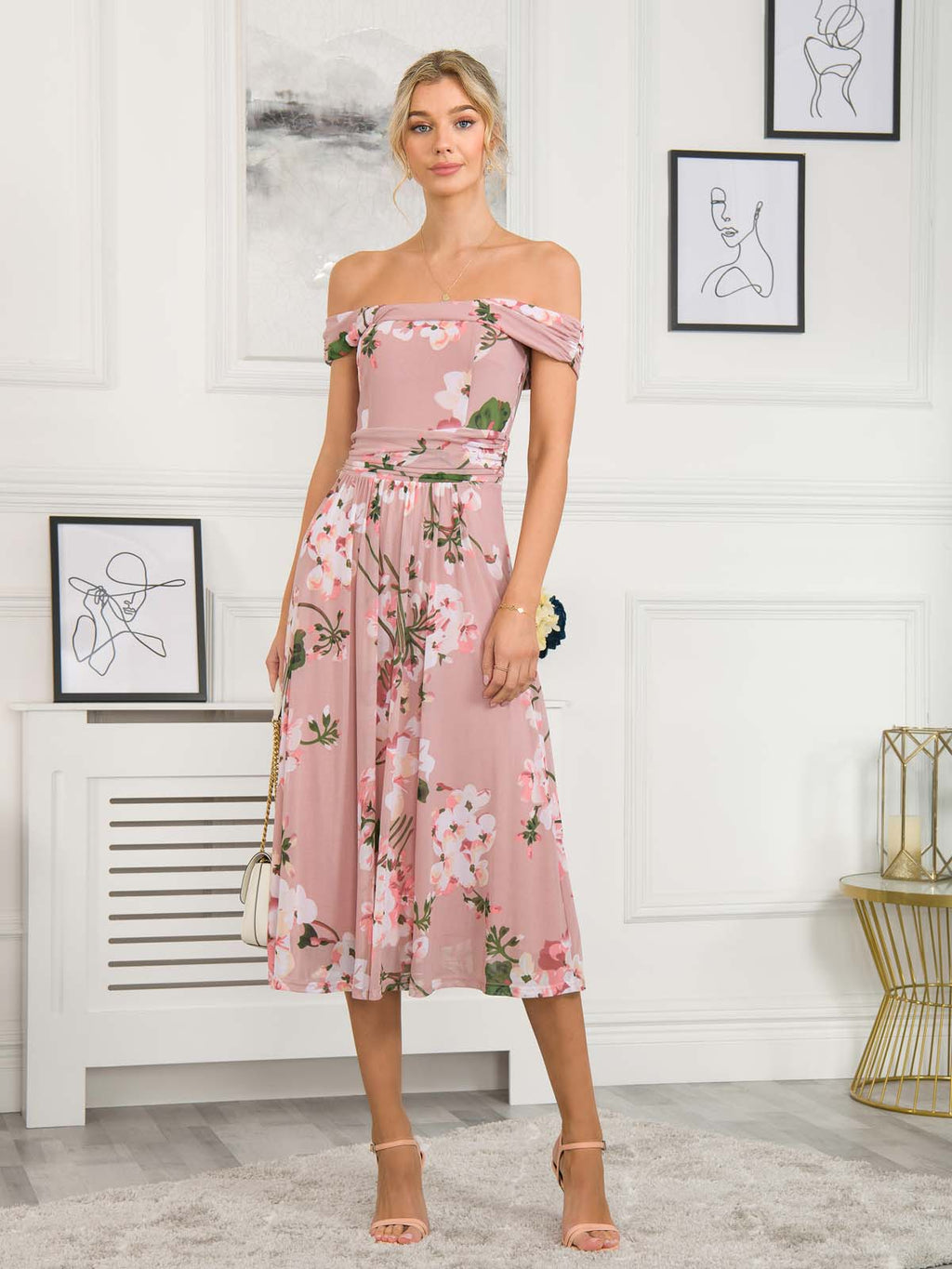 Rawiya Bardot Neck Mesh Dress, Pink Floral