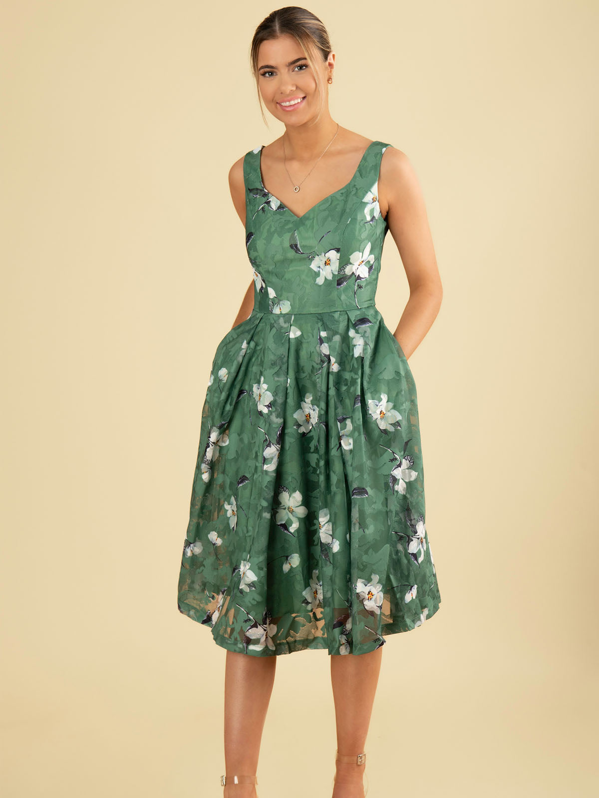 Dark green lace midi dress sale