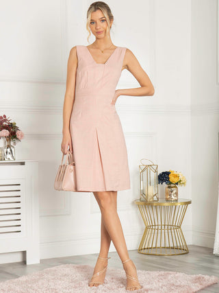 Jolie Moi Cressida Shift Dress, Pink, Squared off V-neckline, Sleeveless, Front Pleat Detail, Above the Knees Dress, Formal Dress, Mini Dress