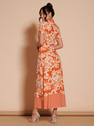 Elsie Floral Viscose Shirt Maxi Dress, Orange Multi