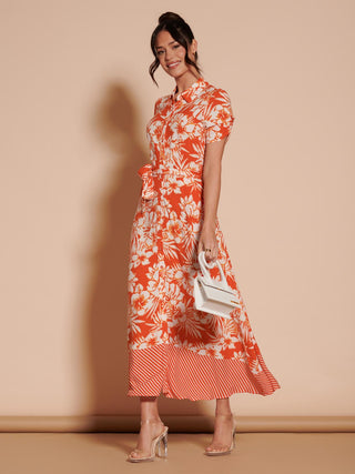 Elsie Floral Viscose Shirt Maxi Dress, Orange Multi