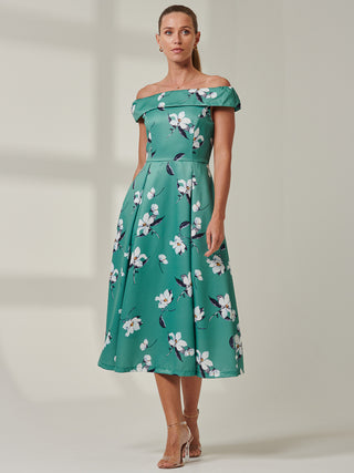 Floral Print  Midi Prom Dress, Teal Floral