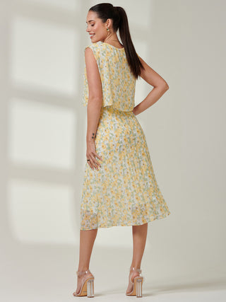 Olena Pleated Overlay Chiffon Midi Dress, Yellow Multi