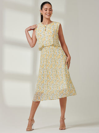 Olena Pleated Overlay Chiffon Midi Dress, Yellow Multi