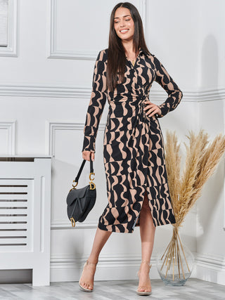 Long Sleeve Printed Jersey Shirt Dress, Brown Pattern Jolie Moi Retail Long Sleeve Printed Jersey Shirt Dress, Brown Pattern Jolie Moi Retail