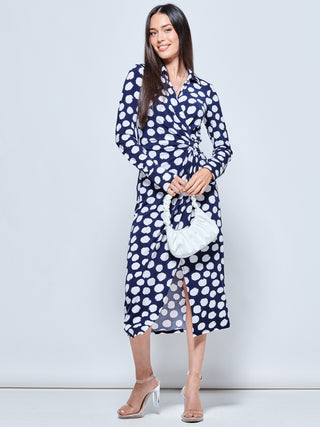 Long Sleeve Printed Jersey Shirt Dress, Navy Polka Dot