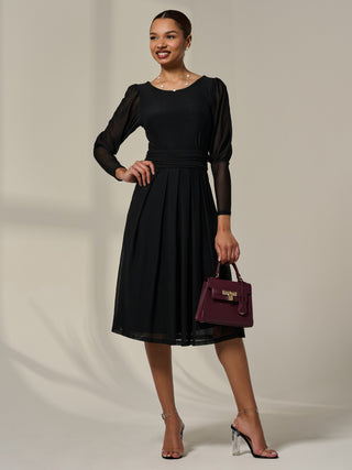 Mesh Puff Long Sleeve Midaxi Dress, Black