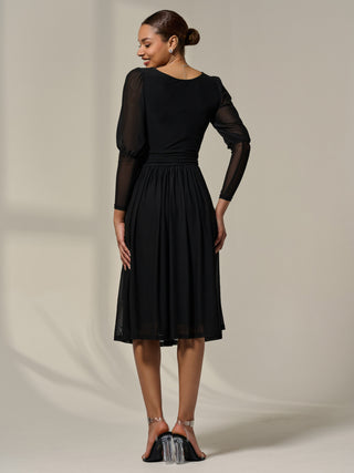 Mesh Puff Long Sleeve Midaxi Dress, Black