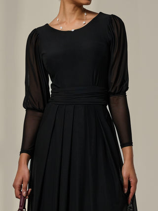 Mesh Puff Long Sleeve Midaxi Dress, Black