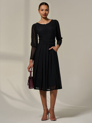Mesh Puff Long Sleeve Midaxi Dress, Black