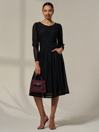 Mesh Puff Long Sleeve Midaxi Dress, Black