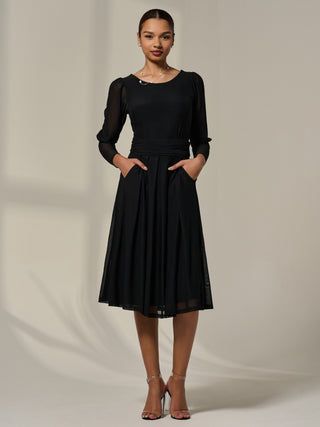 Mesh Puff Long Sleeve Midaxi Dress, Black