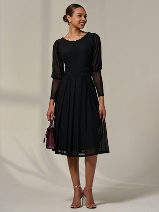 Mesh Puff Long Sleeve Midaxi Dress, Black