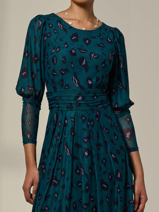 Mesh Puff Long Sleeve Midaxi Dress, Green Leopard