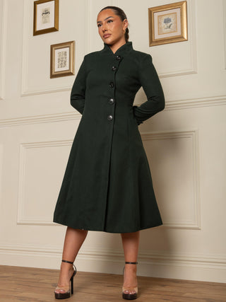 Button Front Flared Coat, Forest Green