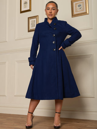 Button Front Flared Coat, Royal Blue