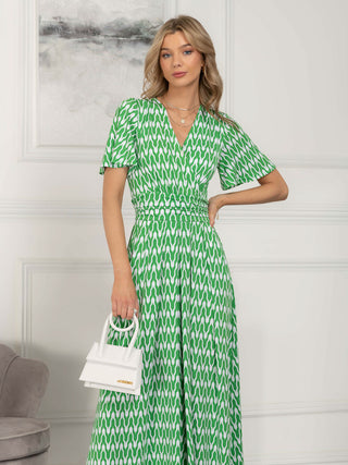 Jaylynn Flare Sleeve Jersey Maxi Dress, Green Geometric