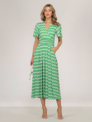 Jaylynn Flare Sleeve Jersey Maxi Dress, Green Geometric