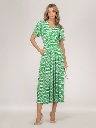 Jaylynn Flare Sleeve Jersey Maxi Dress, Green Geometric