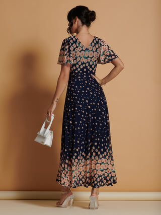 Mirrored Mesh Angel Sleeve Maxi Dress, Navy Floral