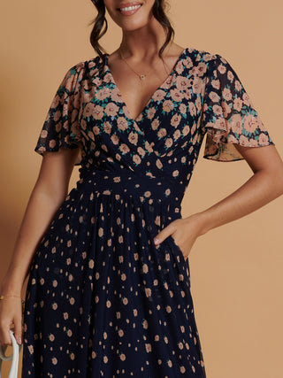 Mirrored Mesh Angel Sleeve Maxi Dress, Navy Floral