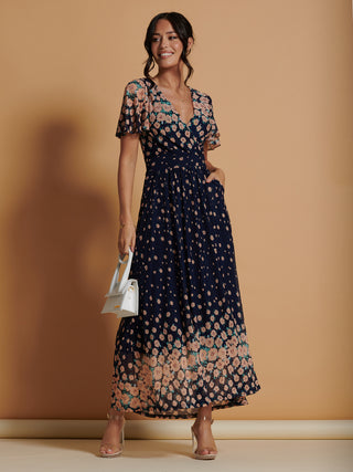Mirrored Mesh Angel Sleeve Maxi Dress, Navy Floral