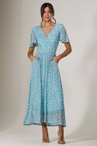 Evelyn Angel Sleeve Mesh Maxi Dress, Green Floral
