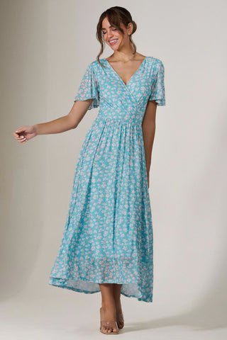 Evelyn Angel Sleeve Mesh Maxi Dress, Green Floral