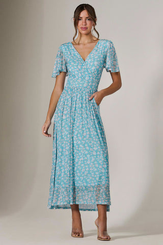 Evelyn Angel Sleeve Mesh Maxi Dress, Green Floral