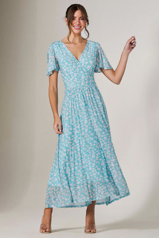 Evelyn Angel Sleeve Mesh Maxi Dress, Green Floral