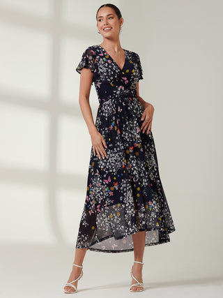 Wrap Dip Hem Mesh Maxi Dress, Navy Floral