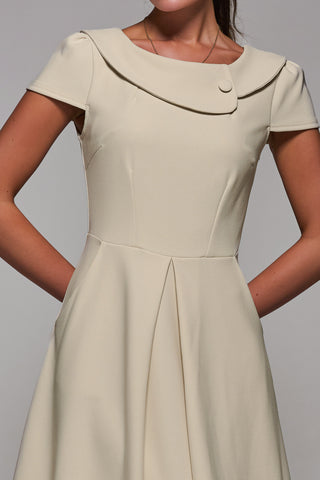 Roll Collar Cap Sleeve Midi Dress, Beige