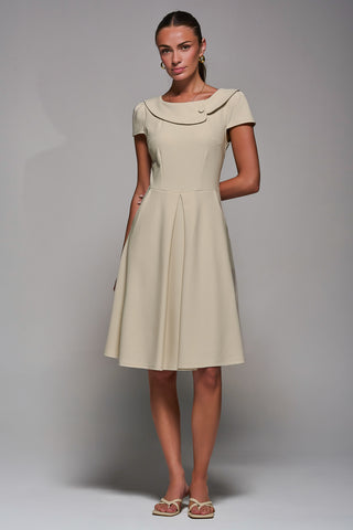 Roll Collar Cap Sleeve Midi Dress, Beige