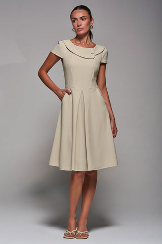 Roll Collar Cap Sleeve Midi Dress, Beige